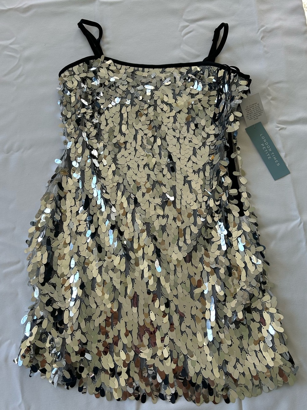 London Times Silver Sequin Mini Dress with Black Trim